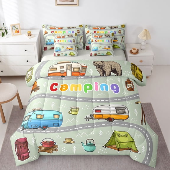 Erosebridal Happy Camping Twin Bedding Sets 7-Piece For Kids Teens,Cartoon Car Bear Adventure Theme Bedding Comforter Set For Boys Girls,Grey Reversible