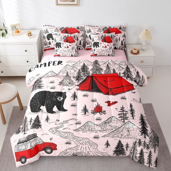 Erosebridal Happy Camping Twin Bedding Sets 7-Piece For Kids Teens,Cartoon Car Bear Adventure Theme Bedding Comforter Set For Boys Girls,Pink Reversible
