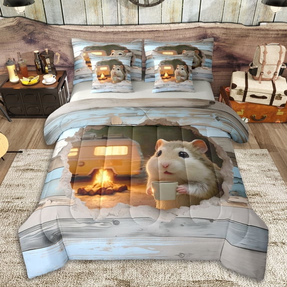 Erosebridal Happy Camping Twin Bedding Sets 7-Piece for Teens,Kids Boys Girls Cartoon Animal Guinea Pig Bedding Comforter Set,Grey Reversible,Lightweight Room Decor