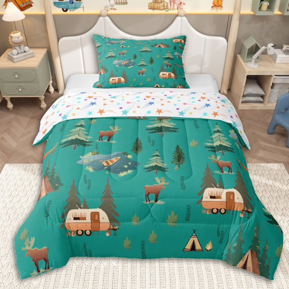 Erosebridal Happy Camping Twin Comforter Sets 3-Piece for Kids Teens,Boys Girls Cartoon RV Car Animal Deers Bedding Set,Breathable Home Decor