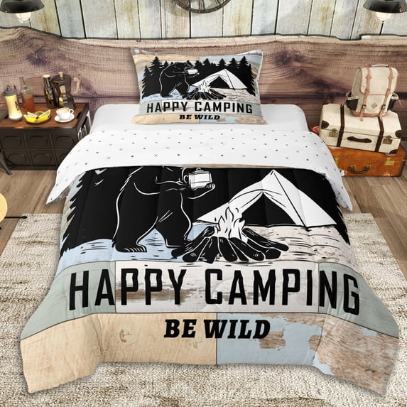 Erosebridal Happy Camping Twin Comforter Sets 3-Piece for Teens,Kids Boys Girls Animal Bear Bedding Set,Super Cozy Room Decor