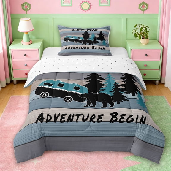 Erosebridal Happy Camping Twin Comforter Sets For Camper Gifts,Kids Rustic Farmhouse Bedding Set For Boys Kids,Reversible,2pcs