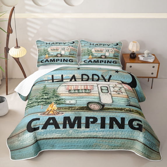 Erosebridal Happy Camping Twin Quilt Set, Teal Farmhouse Lodge Cabin Twin Coverlet Set, 2pcs 1 Bedspread and 1 Pillowcase