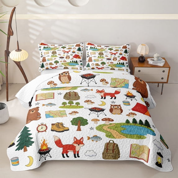 Erosebridal Happy Camping Twin Quilt Set for Boys Girls,Teens Cartoon Foxs Owls Mushrooms Twin Coverlet Set