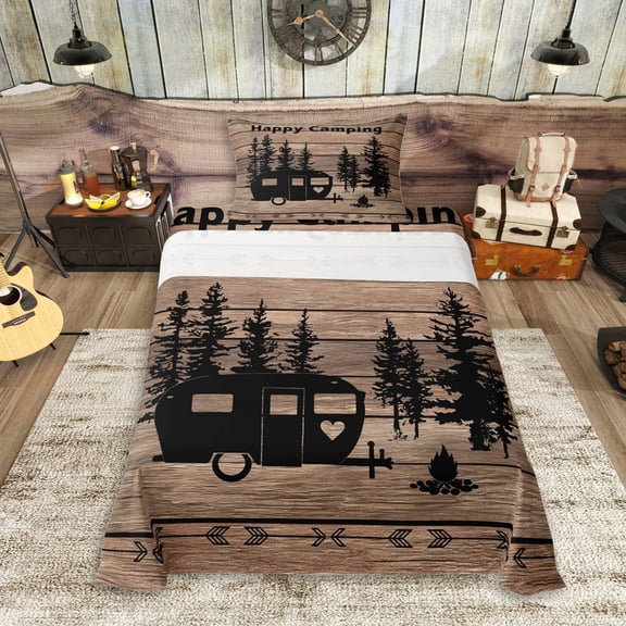 Erosebridal Happy Camping Twin Sheet Sets 3pcs For Boys Girls,Kids Teens Black Brown Cabin Bedding,Luxury Bedroom Decor