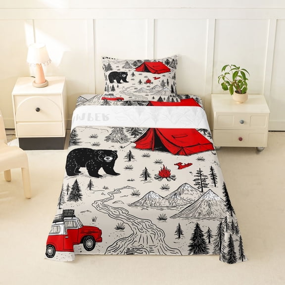 Erosebridal Happy Camping Twin Sheet Sets 3pcs For Kids Teens,Cartoon Car Bear Adventure Theme Bedding For Boys Girls