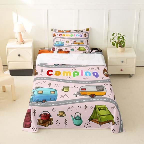 Erosebridal Happy Camping Twin Sheet Sets 3pcs For Kids Teens,Cartoon Car Bear Adventure Theme Bedding For Boys Girls