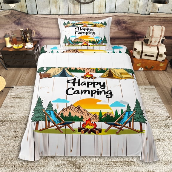 Erosebridal Happy Camping Twin Sheet Sets 3pcs for Boys Girls,Rustic Cottage Adventure Theme Bedding for Boys Girls,Breathable Home Decor