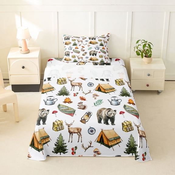 Erosebridal Happy Camping Twin Sheet Sets for Kids, Wild Bear Deer Bedding, 1 Flat Sheet, 1 Fitted Sheet and 1 Pillowcase