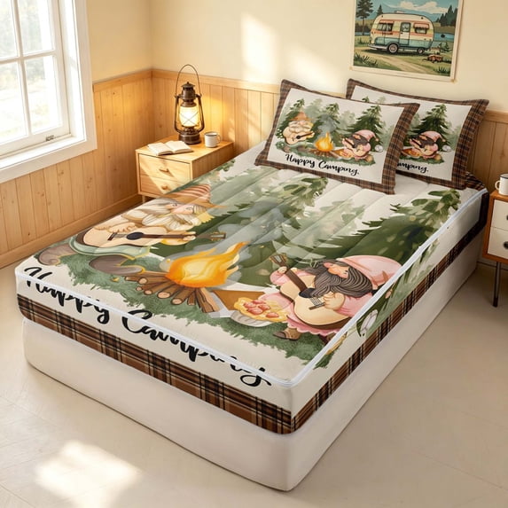 Erosebridal Happy Camping Zipper Full Size Comforter Sets with Fitted Sheet and 2 Pillowcases, Watercolor Gnome Zipper Bedding Set