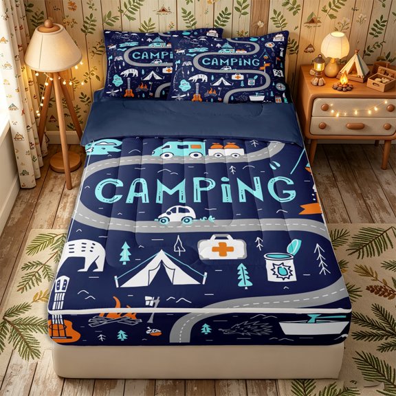 Erosebridal Happy Camping Zipper Twin Comforter Sets with Fitted Sheet and 2 Pillowcases,Cartoon Bear Guitar Zipper Bedding Set,Navy Cyan Orange,Navy Blue Reversible