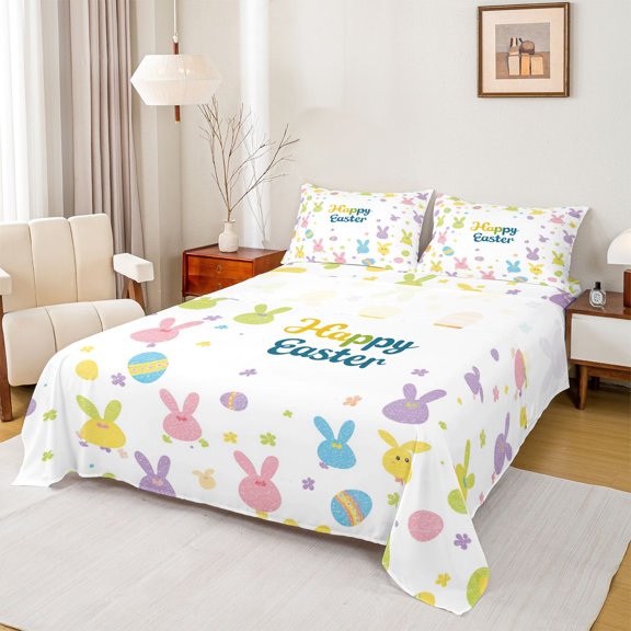 Erosebridal Happy Easter Bed Sheets for Kids, Cute Bunnies King Sheets, 4pcs