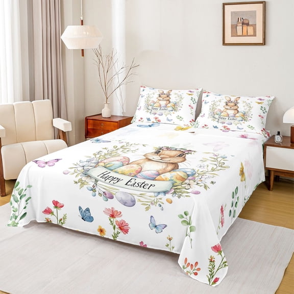 Erosebridal Happy Easter Bunny Kids Bed Sheets, Flower Butterfly King Sheets, 4pcs