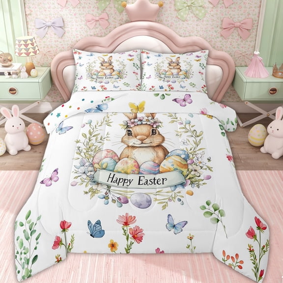 Erosebridal Happy Easter Bunny Kids Queen Comforter Set, Flower Butterfly Bedding Comforter Set, 3pcs