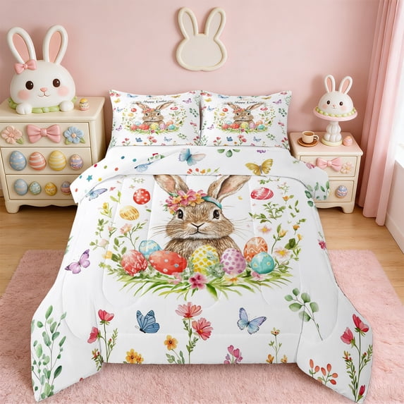 Erosebridal Happy Easter Eggs Kids Full Size Comforter Sets,Cute Rabbit Colorful Butterflies Kawaii Flowers Bedding Sets Reversible 3-Piece
