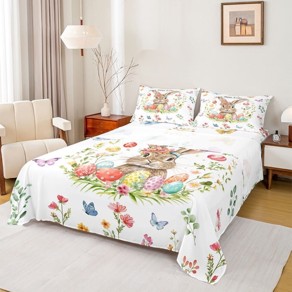 Erosebridal Happy Easter Eggs Kids Full Size Sheets,Cute Rabbit Colorful Butterflies Kawaii Flowers Bed Sheets 4-Piece