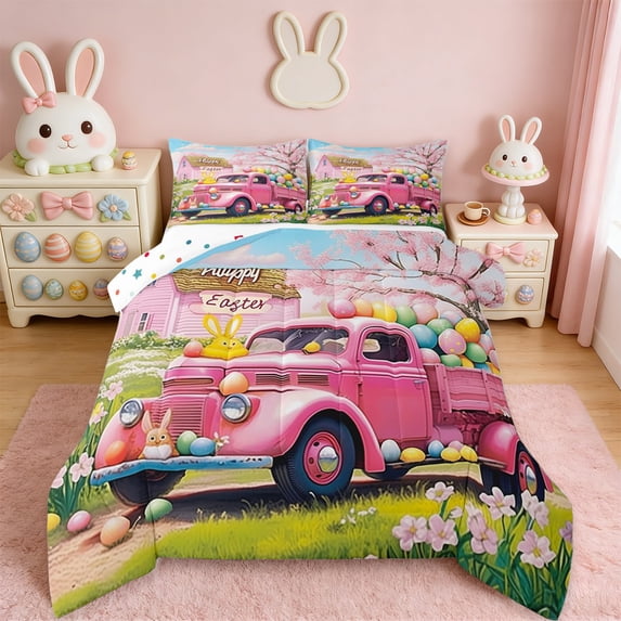 Erosebridal Happy Easter Eggs Queen Comforter Set,Pink Cherry Blossom Cute Flowers Bedding Comforter Set For Girls Kids Reversible 3pcs