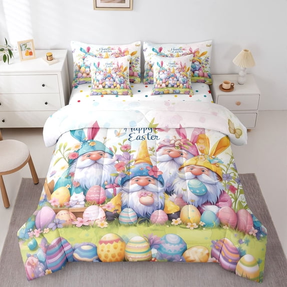 Erosebridal Happy Easter Kids Bedding Comforter Set, Gnome Eggs Full Bedding Set, 7 Pieces
