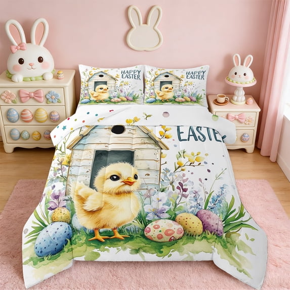 Erosebridal Happy Easter Kids Queen Comforter Set,Colorful Easter Eggs Rustic Farmhouse Cabin Bedding Comforter Set For Girls Women Reversible 3 Pieces
