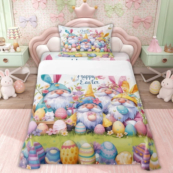 Erosebridal Happy Easter Kids Twin Sheet Sets, Gnome Eggs Bedding, 3 Pieces