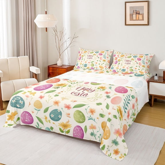 Erosebridal Happy Easter Queen Sheet Sets,Vintage Multicolor Easter Eggs Bed Set For Kids Girls 4 Pieces