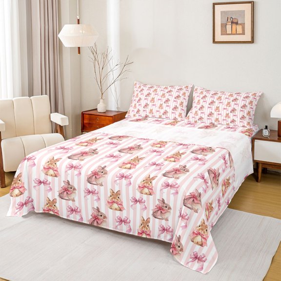 Erosebridal Happy Easter Rabbit Full Size Sheets for Girls, Pink Bow Stripe Bed Sheets, 1 Flat Sheet 1 Fitted Sheet and 2 Pillowcases, 4 Piece