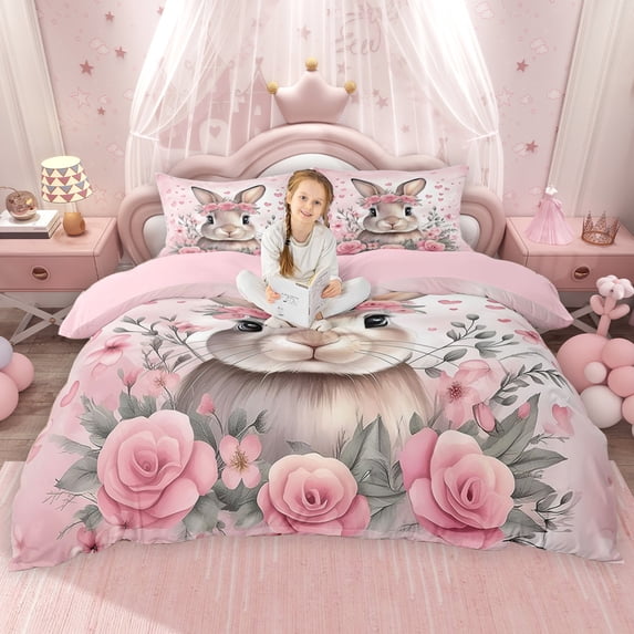 Erosebridal Happy Easter Rabbit Queen Duvet Cover Set for Girls, Pink Flower Bedding, Pink Reversible 3-Piece, 1 Duvet Cover and 2 Pillowcases, No Comforter