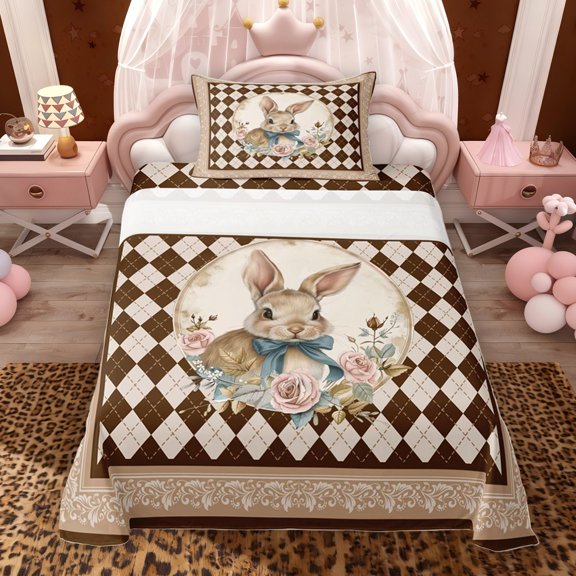 Erosebridal Happy Easter Rabbit Twin Sheet Sets for Kids, Brown Plaid Bedding, 1 Flat Sheet 1 Fitted Sheet and 1 Pillowcase, 3 Pieces