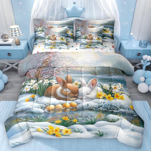 Erosebridal Happy Easter Theme Bedding Comforter Set for Kids, Rabbit Floral Queen Bedding Sets, Polka Dots Reversible, 7 Pieces