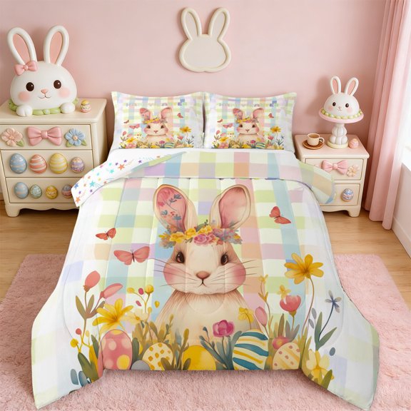 Erosebridal Happy Easter Theme Queen Comforter Set,Multicolor Geometric Grid Kawaii Rabbit Bedding Comforter Set For Kids Girls Reversible 3 Pieces