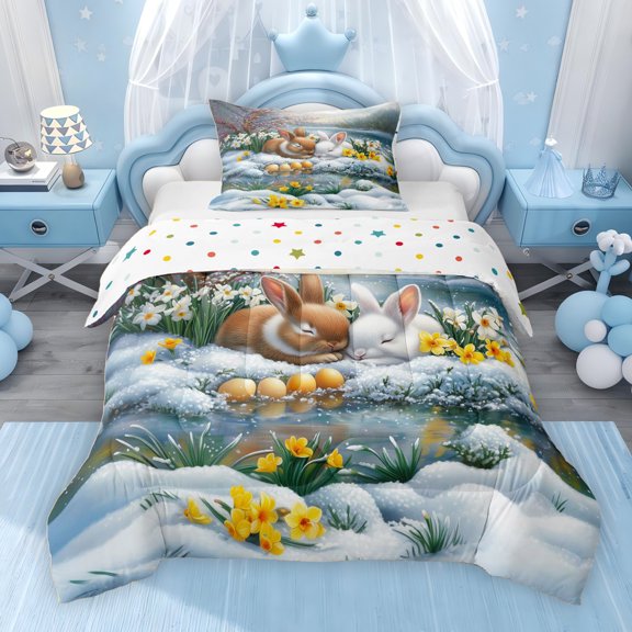 Erosebridal Happy Easter Theme Twin Comforter Sets for Kids, Rabbit Floral Bedding Set, Polka Dots Reversible 2 Pieces, 1 Comforter and 1 Pillowcase