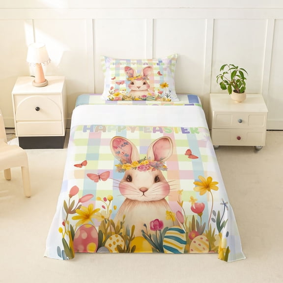 Erosebridal Happy Easter Theme Twin Sheet Sets,Multicolor Geometric Grid Kawaii Rabbit Bedding For Kids Girls 3pcs