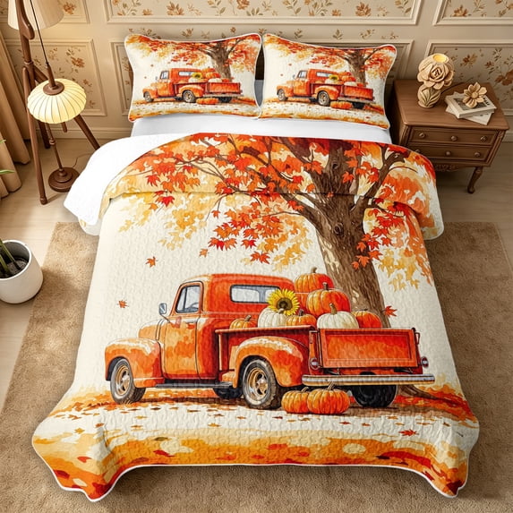 Erosebridal Happy Fall Twin Quilt Set 2 Pieces,Harvest Scene Twin Coverlet Set,White Red Orange,1 Bedspread and 1 Pillowcase