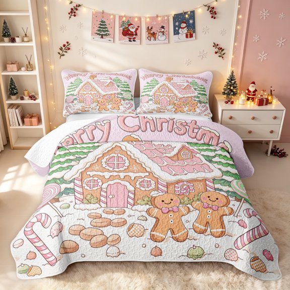 Erosebridal Happy Gingerbread Twin Quilt Set, Merry Christmas Twin Coverlet Set, White Pink, 2pcs, 1 Bedspread and 1 Pillowcase