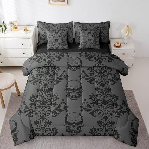 Erosebridal Happy Halloween Theme Bedding Full Size, Baroque Victorian Damask Comforter Sets with Sheets, Black Grey, Reversible 7pcs
