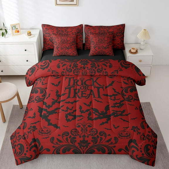 Erosebridal Happy Helloween Bedding King Size, Horror Bat Bed Set, Boho Damask Reversible Comforter Sets with Sheets, Ultra Soft Bedroom Decorative, 7-Piece