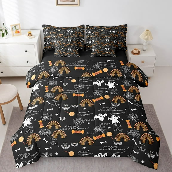 Erosebridal Happy Holleween Bedding Sets Queen Size,Ghost Spider Web Comforter Sets with Sheets,Trick Or Treat Bed in a Bag Queen Size For Kids Boys,Microfiber Room Decorative Reversible,7-Piece