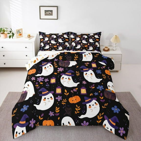 Erosebridal Happy Holleween Ghost Bedding King Comforter Set,Flower Floral Leaves Down Comforter,Orange Pumpkin Bedding Sets For Boys,Lightweight Bedroom Decorative Reversible,3 Pieces