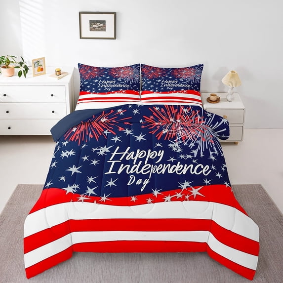 Erosebridal Happy Independence Day Bedding King Comforter Set,American Flag Comforter Sets King Size,Firework Room Decorative,Reversible,Microfiber,3 Pieces