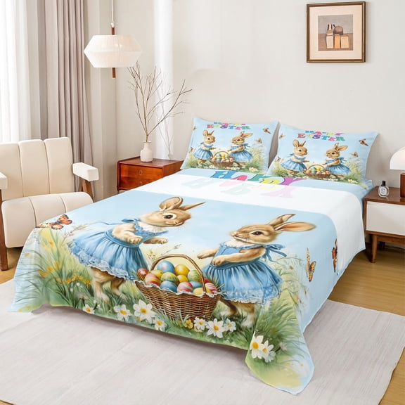 Erosebridal Happy Rabbit Kid Full Size Sheets, Easter Eggs Animal Bed Sheets, Blue, 4pcs