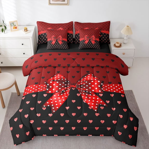 Erosebridal Happy Valentine's Day 7pcs Bedding Comforter Set,Red Bowknot Loves Queen Bedding Sets For Girls Kids,Reversible black