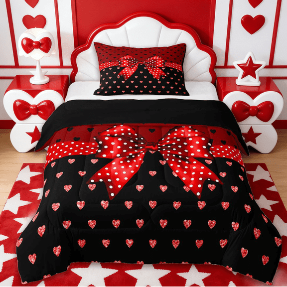 Erosebridal Happy Valentine's Day Twin Comforter Sets,Red Bowknot Loves Bedding Set For Girls Kids,Reversible black,2pcs