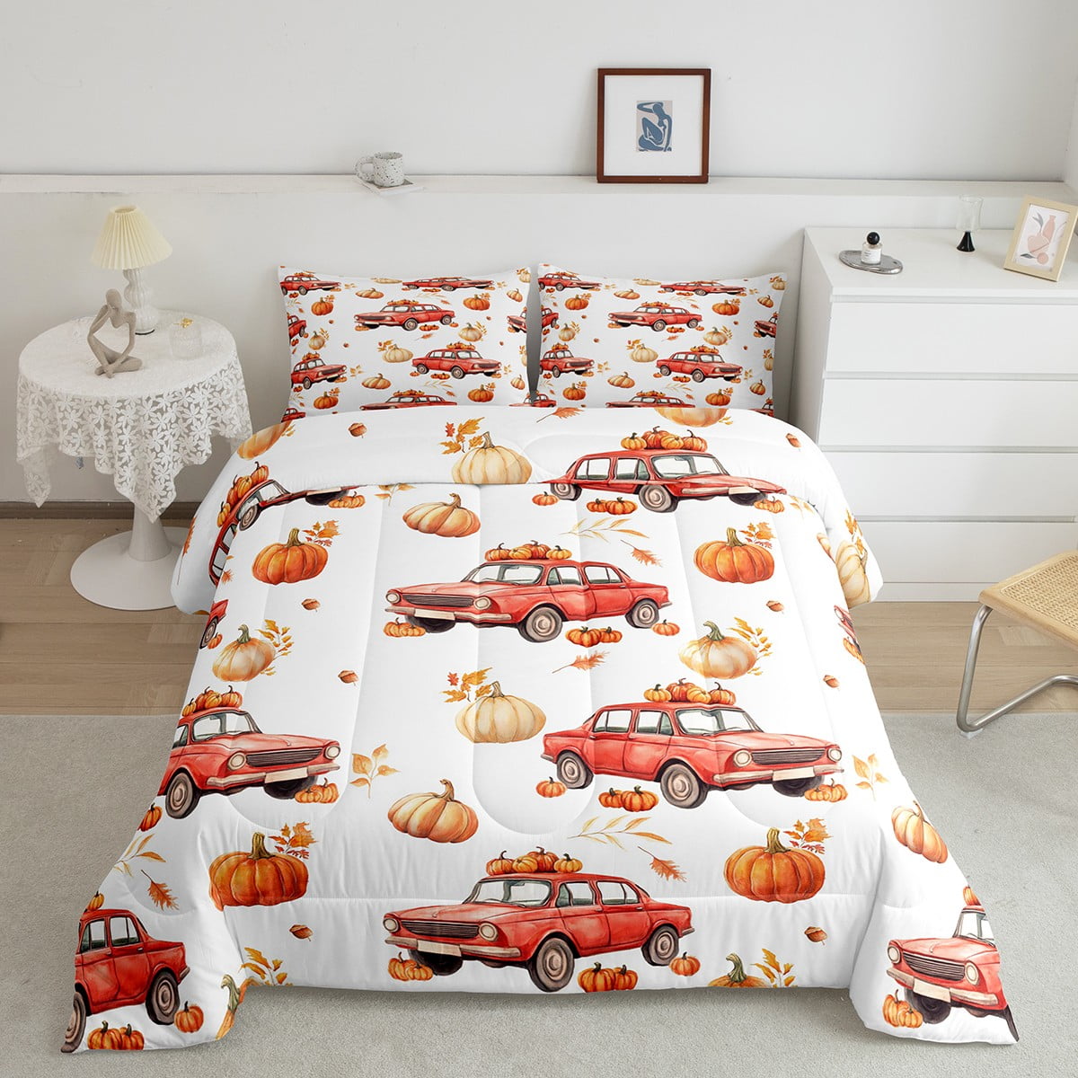 Erosebridal Harvest Pumpkin Bedding Queen Comforter Set, Red Truck ...