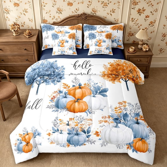 Erosebridal Harvest Pumpkin Full Size Bedding Sets 7 Pieces,Happy Autumn Full Size Bed in a Bag,Multi White,Reversible