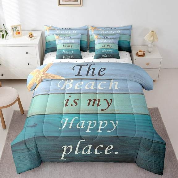 Erosebridal Hawaii Beach Bed in a Bag Twin Size, Beach is My Happy Place Print Bed Set, Teal Wooden Board Bed Sheets Setp with Comforter, Ultra Soft Bedroom Decorative, Reversible 7 Pieces