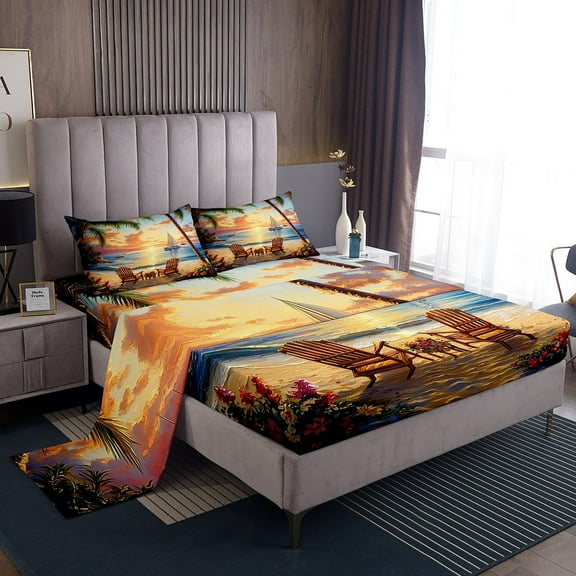 Erosebridal Hawaii Beach Bed Sheets Set Twin Size, Summer Holiday Bedding Twin Size, Romantic Sunset Sheet Set Twin, Super Cozy Room Decoration, 3pcs
