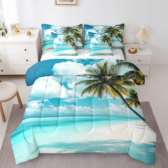 Erosebridal Hawaii Beach Bed in a Bag Queen Size, Sea Wave Palm Tree Bed Set Ultra Soft 7pcs