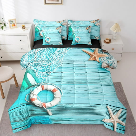 Erosebridal Hawaii Beach Bedding Full Size, Starfish Life Buoy Comforter Sets with Sheets, Coastal Bedroom Decorative, Reversible 7pcs