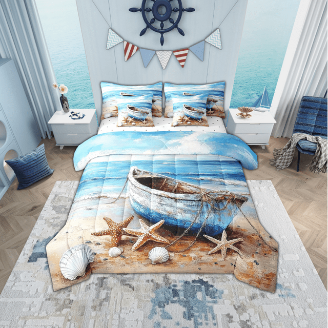 Erosebridal Hawaii Beach Bedding King Size, Sea Wave Seashell Starfish Comforter Sets with Sheets, Reversible 7-Piece