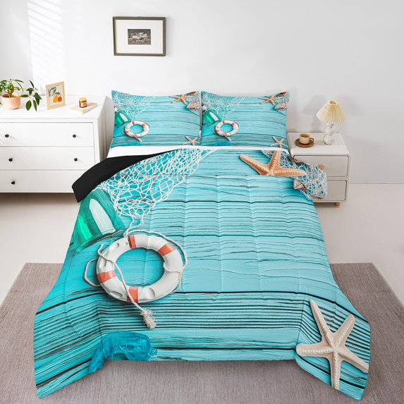 Erosebridal Hawaii Beach Bedding Sets King with Comforter, Starfish Life Buoy Duvet Insert, Coastal Bedroom Decorative, Reversible 3pcs